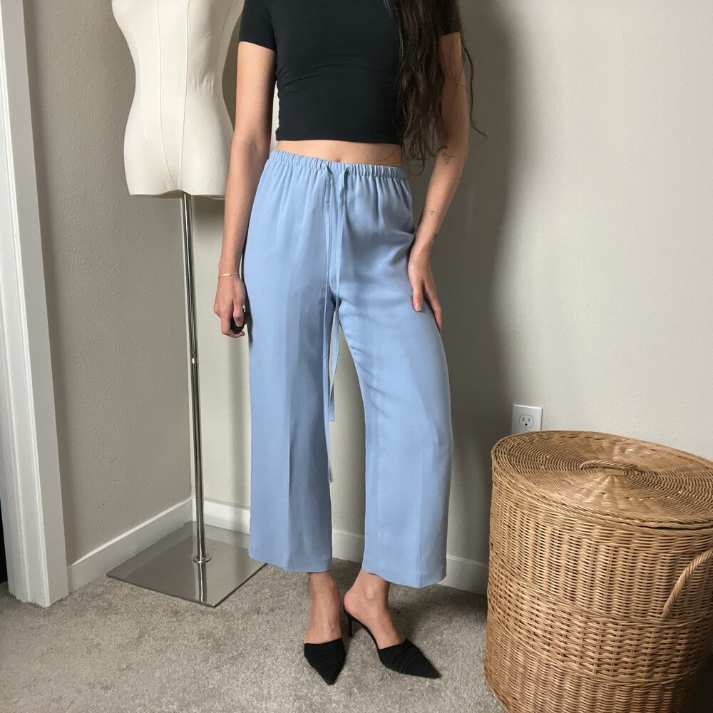 vintage dusty blue silk high waisted drawstring straight leg cropped pants - Picture 2 of 6